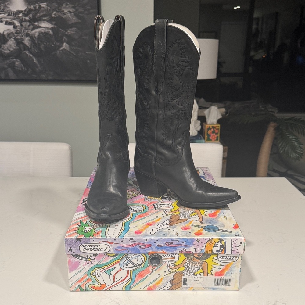 Jeffrey Campbell Dagget Black Washed Leather Western Heeled Boots in Size 7